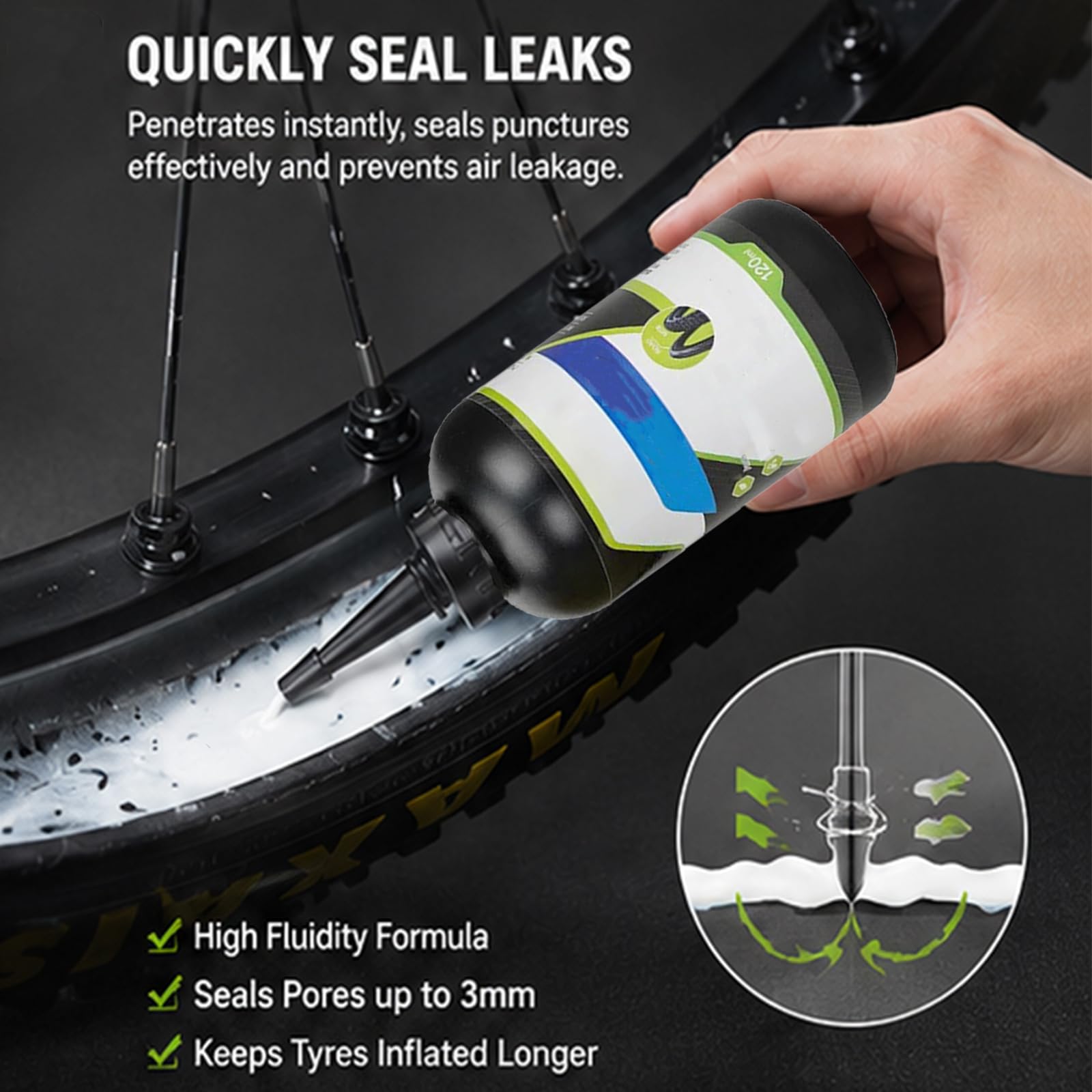 Générique Liquide de réparation pour pneus avec ou sans Chambre à air (120 ML) – pour l'entretien Quotidien et la prévention des fuites sur vélos,vélos électriques et trottinettes (4 PC)