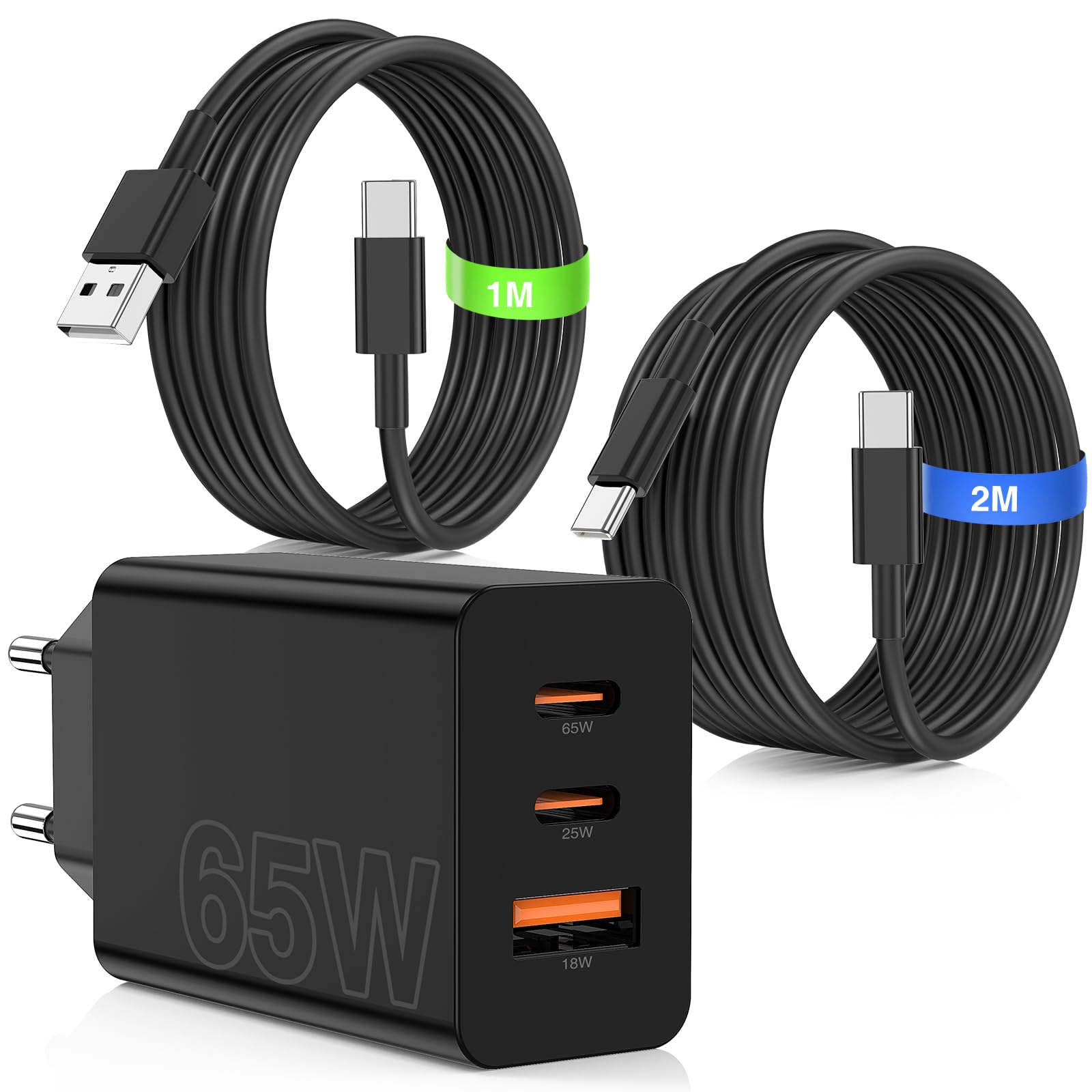 65W Chargeur USB C Rapide pour Samsung Galaxy S26/S25/S24/S23 Ultra,3-Ports Chargeur Macbook Rapide USBC avec Câble 1M+2M Compatible avec MacBook Air/Pro/Neo M5 M4 M3 M2 M1, iPad Pro,pour iPhone 17/16