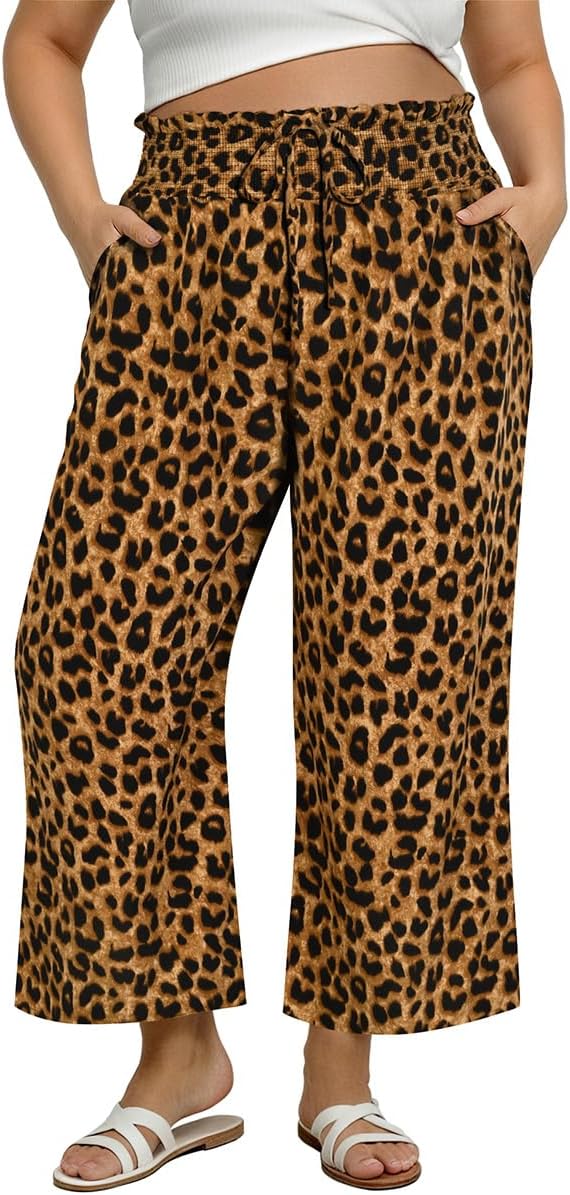 CARCOS Plus Size Pants Summer Palazzo Wide Leg Pants Smocked High Waist Ankle Beach Lounge Trouser with Pockets XL -5XL