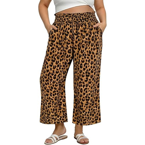CARCOS Plus Size Pants Summer Palazzo Wide Leg Pants Smocked High Waist Ankle Beach Lounge Trouser with Pockets XL -5XL