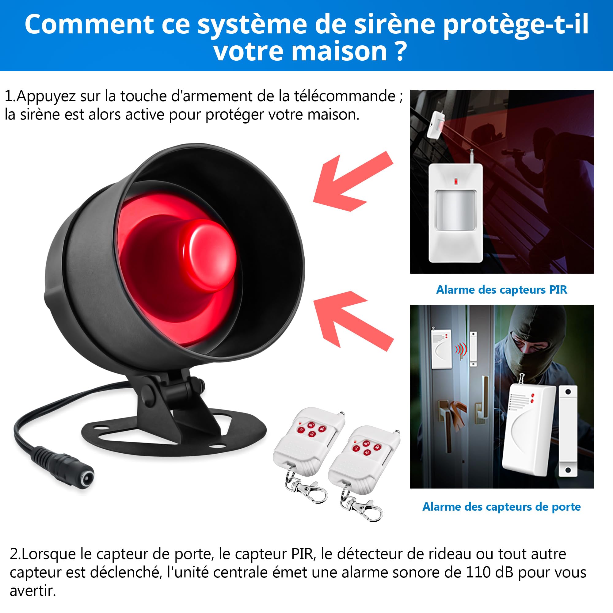 Kit Alarme Maison 7 Pièces Sirène 115 DB Capteur Mouvement Porte Fenêtre Système Sécurité Télécommande