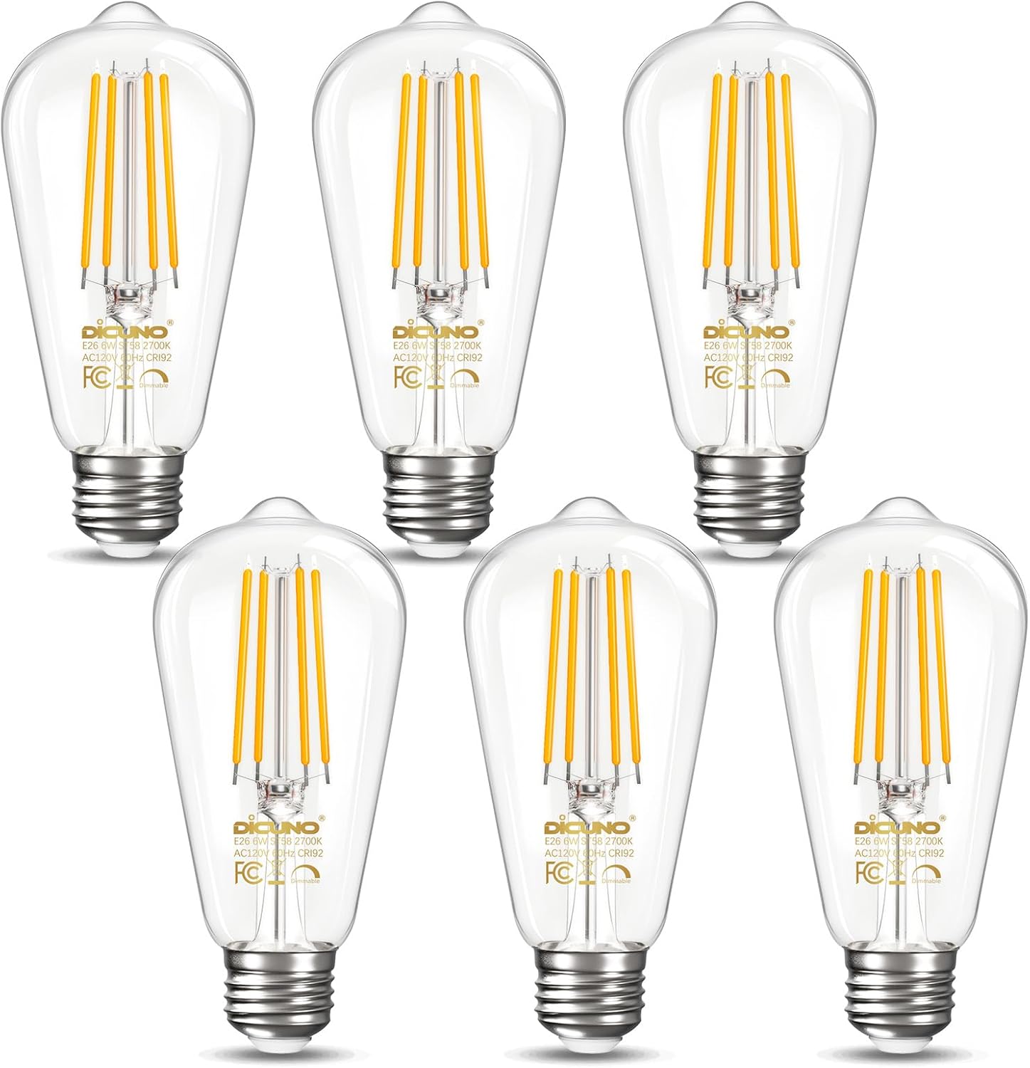 DiCUNO E26 Edison LED Bulb 60W Equivalent, ST58 Edison Bulbs Dimmable, Warm White 2700K, High CRI of 92, 800lm, 6W Vintage LED Lights for Home, E26 Base, Clear Glass, 6-Pack