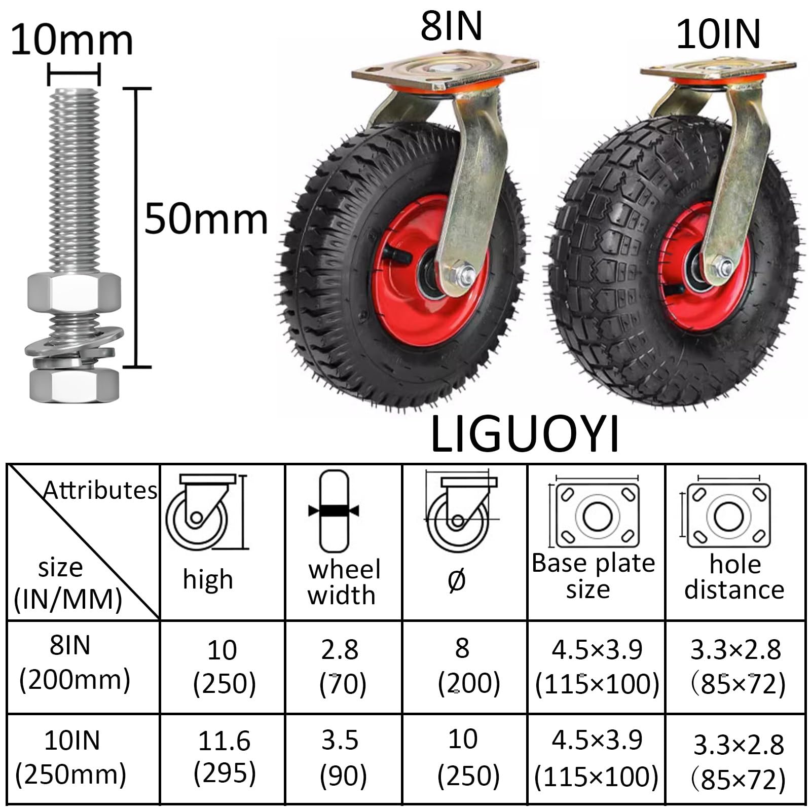 Rotelle di Ricambio, Confezione da 4, Ruota Industriale per impieghi gravosi, Ruota Girevole pneumatica da 8/10 Pollici con Freni, per banco da Lavoro, Ruote per carrelli e Cassette