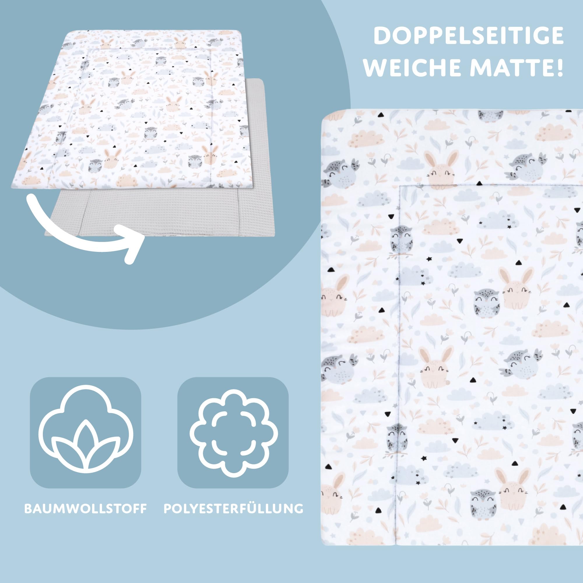 Materassino fasciatoio 75x72 cm - cuscino neonato in cotone lavabile pieghevole e portatile materasso da viaggio tappetino per cassettiera lavatrice e tavolo 75 x 72 Oeko-Tex Gufi B