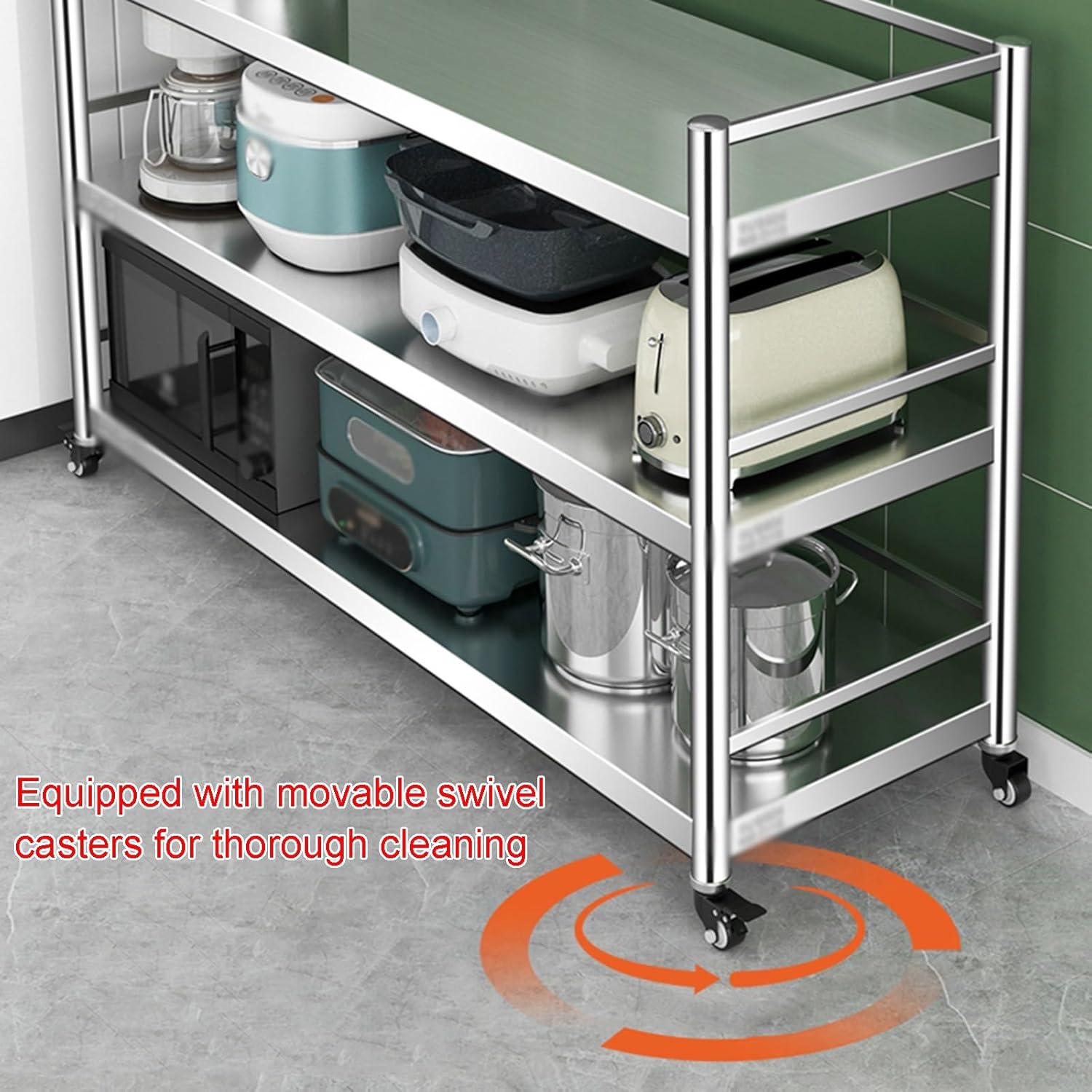 Thickened 304 Stainless Steel Kitchen Work Table Mobile Workbench with Wheels 3-Tier Multi-Functional Floor Storage Rack with Guardrails H 100cm