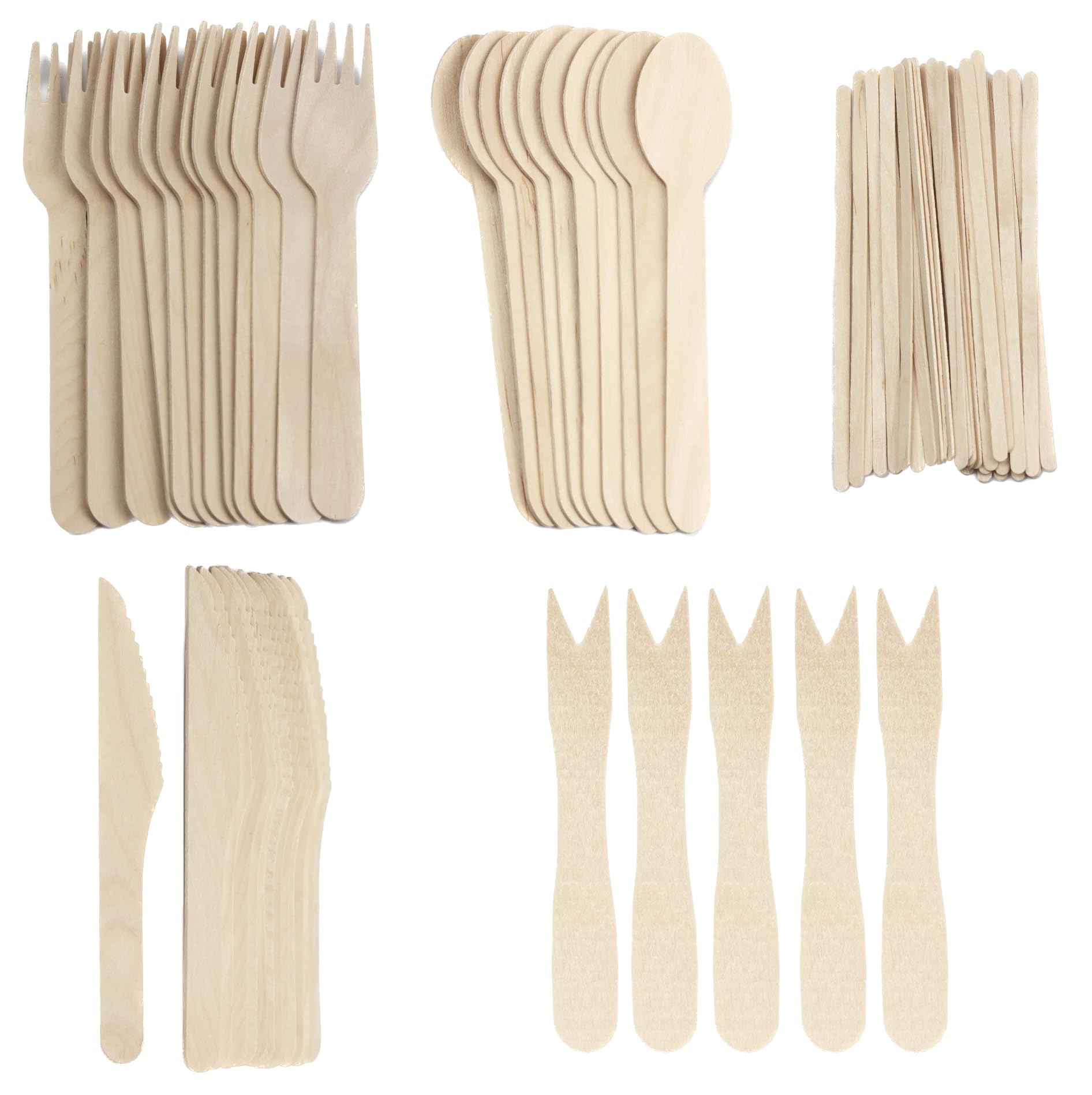 1000 piezas - Juego de cubiertos desechables de madera, cubiertos desechables (200 tenedores, 200 cuchillos, 200 cucharas, 200 mini tenedores y 200 agitadores desechables