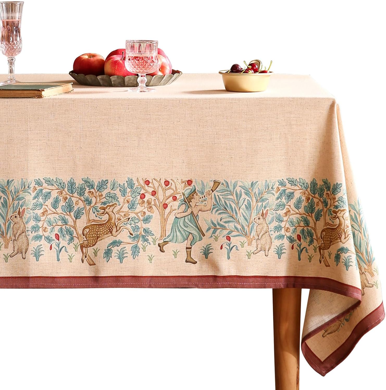 patdrea Designer Beige Tablecloth for Rectangle Tables,Vintage Elegant French Linen with Trees and Kid Pattern Table Cloth,Farmhouse Table Cover Cloth Decor for Kitchen Dining Christmas,63"*102" Tatiana D 102" x 63" (Rectangular)