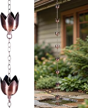 DUSVALLY 6FT Bell Cup Rain Chain for Gutters, Copper-Tone Metal | 8 Bell-Shaped Cups 6FT Length Copper-Tone Finish Adjustable Chain S & V Gutter Hooks Included