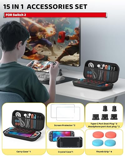 Vista 3 de Switch 2 Accessories Bundle for Nintendo Switch 2 2025, Portable Hard Shell Slim Case with Switch 2 Crystals Cover kit, 2 HD Screen Protectors