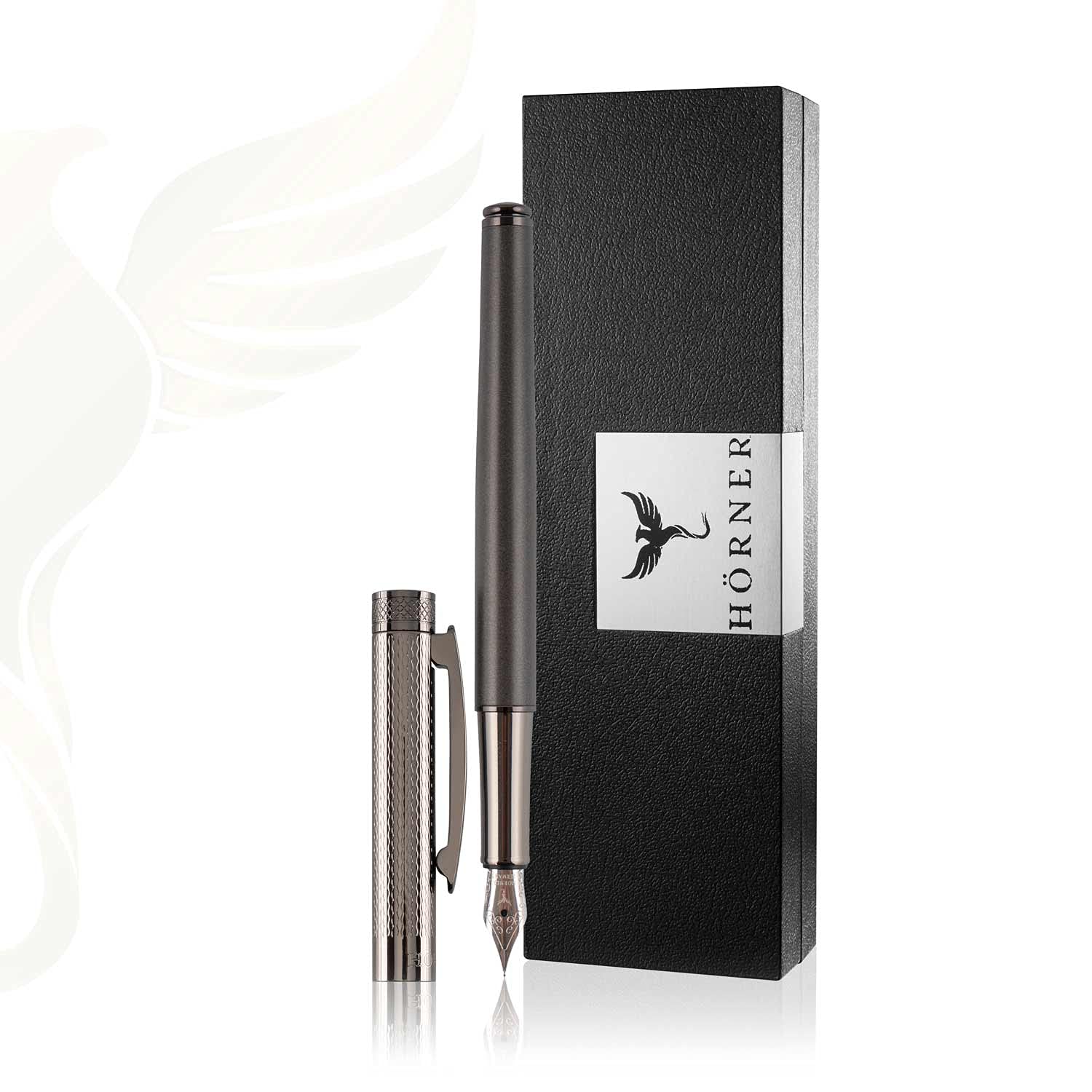 Hörner Levio- Hochwertiger Füllfederhalter Grau I Premium Geschenkbox I Tinte in Schwarz I Luxus Design I Edel Feder Made in Germany I Attraktiver Stift für Herren und Damen