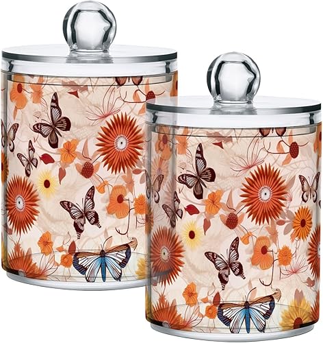 Paquete de 2 tarros de plástico transparente para boticario de flores otoñales vintage, para almacenamiento de baño, bolas de algodón, hisopo, hilo