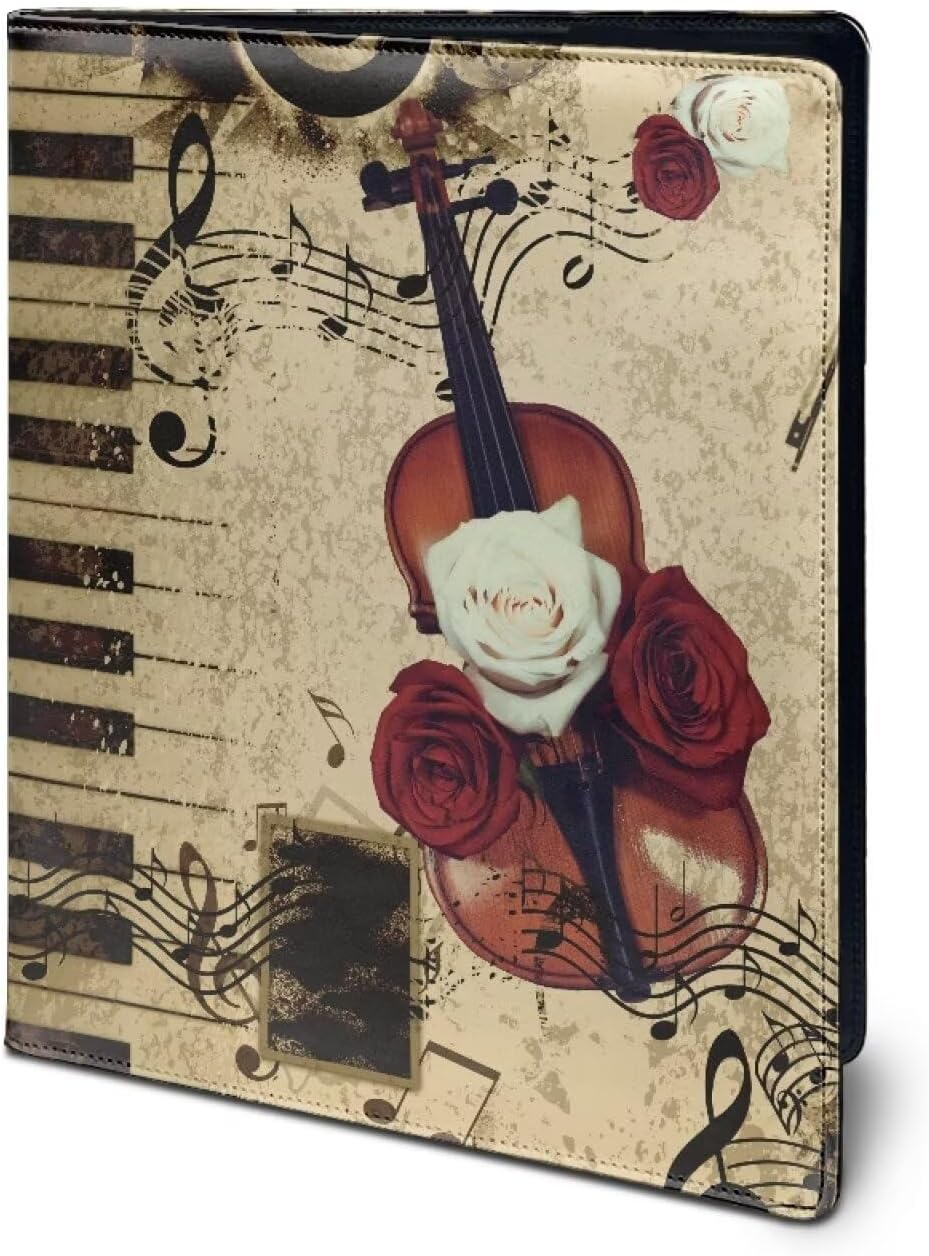 HUIACONG Violin Rose Clipboard Folder Padfolio Piano Key Staff Business/Resume Portfolio Folder Beige Leather Padfolio Clipboard with Refillable Lined Notepad for Women/Men