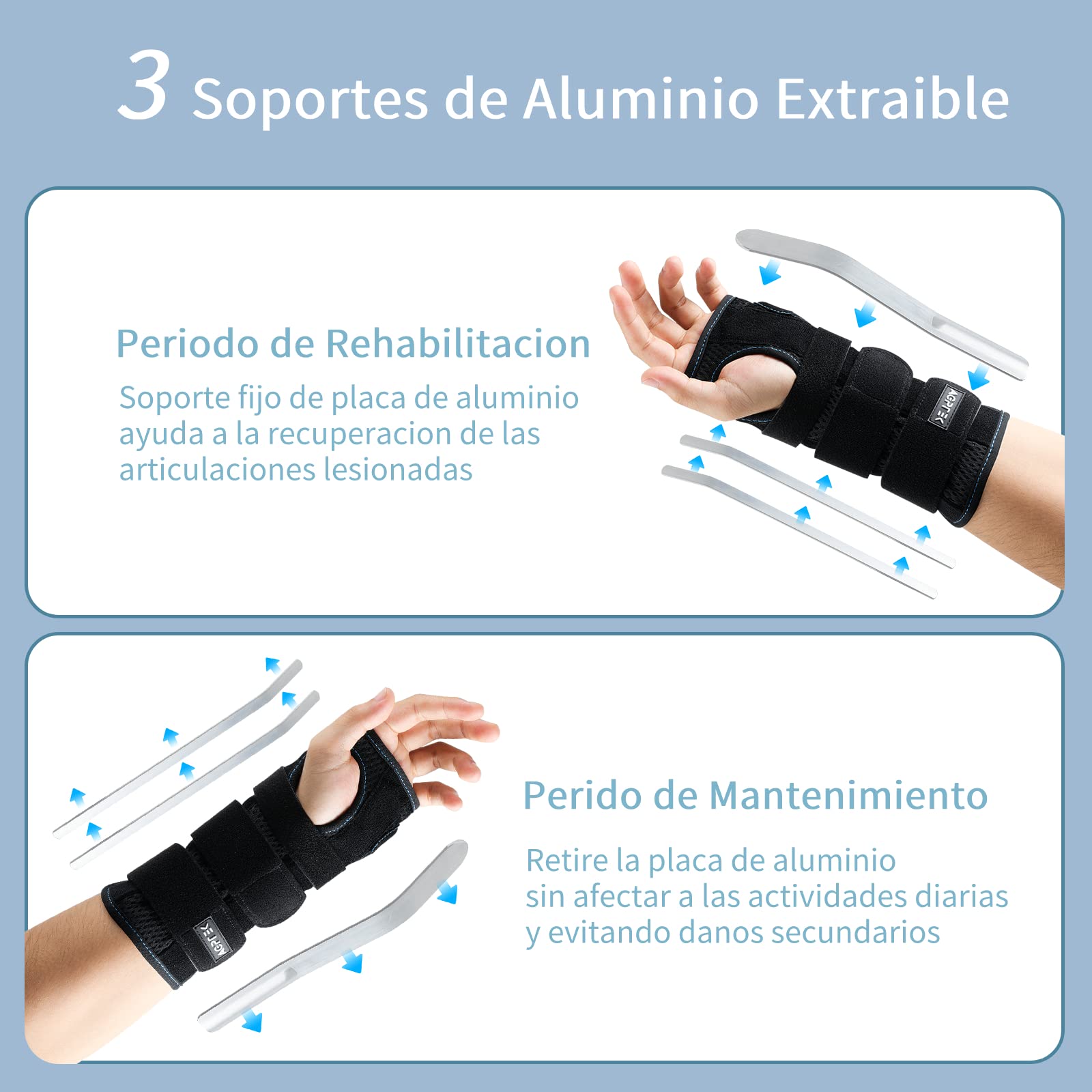 AGPTEK Muñequera Tendinitis Muñeca con 3 Férulas Aluminio Extraíble para Túnel Carpiano, Esguinces y Torceduras, Artritis, Muñequera Metacarpiana para Ambos Manos de 16-23 cm, Negro