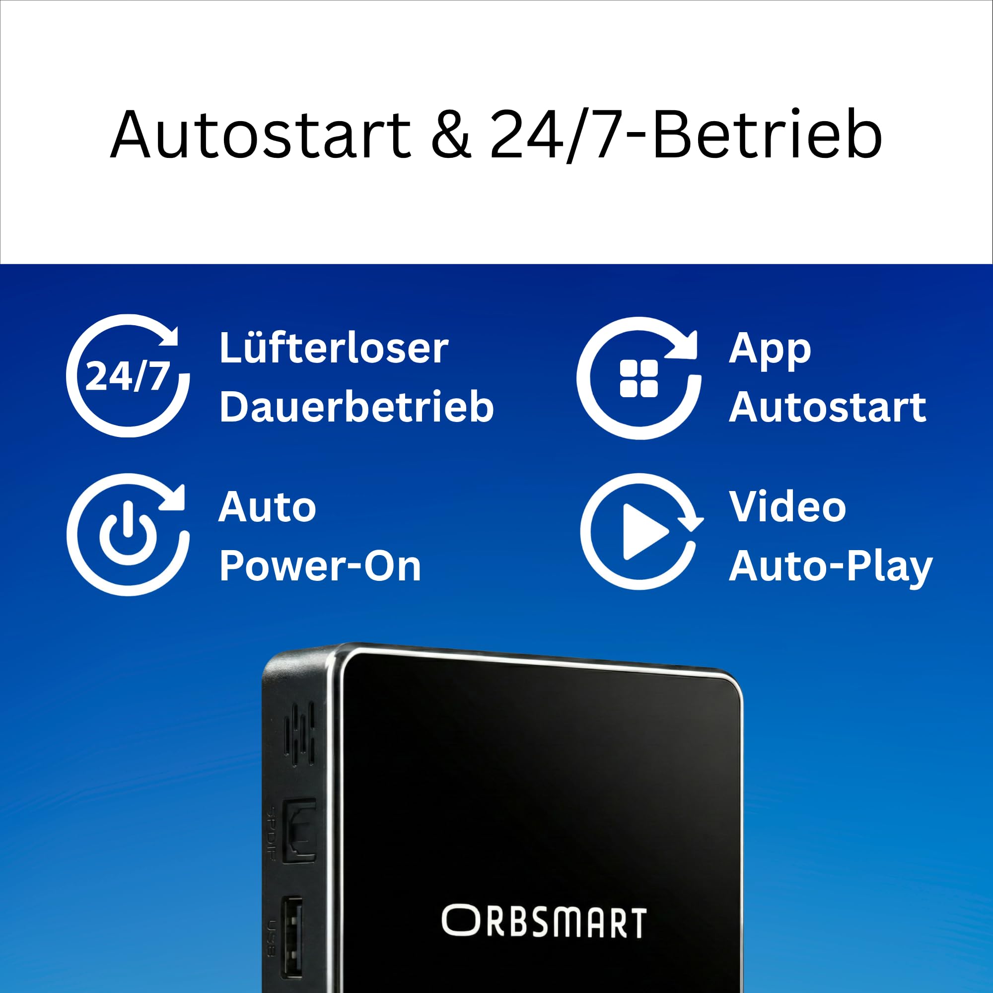 Orbsmart DS Player (S89L) - Android 14 Digital Signage Player 4K Mini PC für 24/7 Dauerbetrieb (Lüfterlos, Autostart, Root-Zugriff, Kiosk- & Portrait-Modus, 4GB RAM, 32GB, LAN)