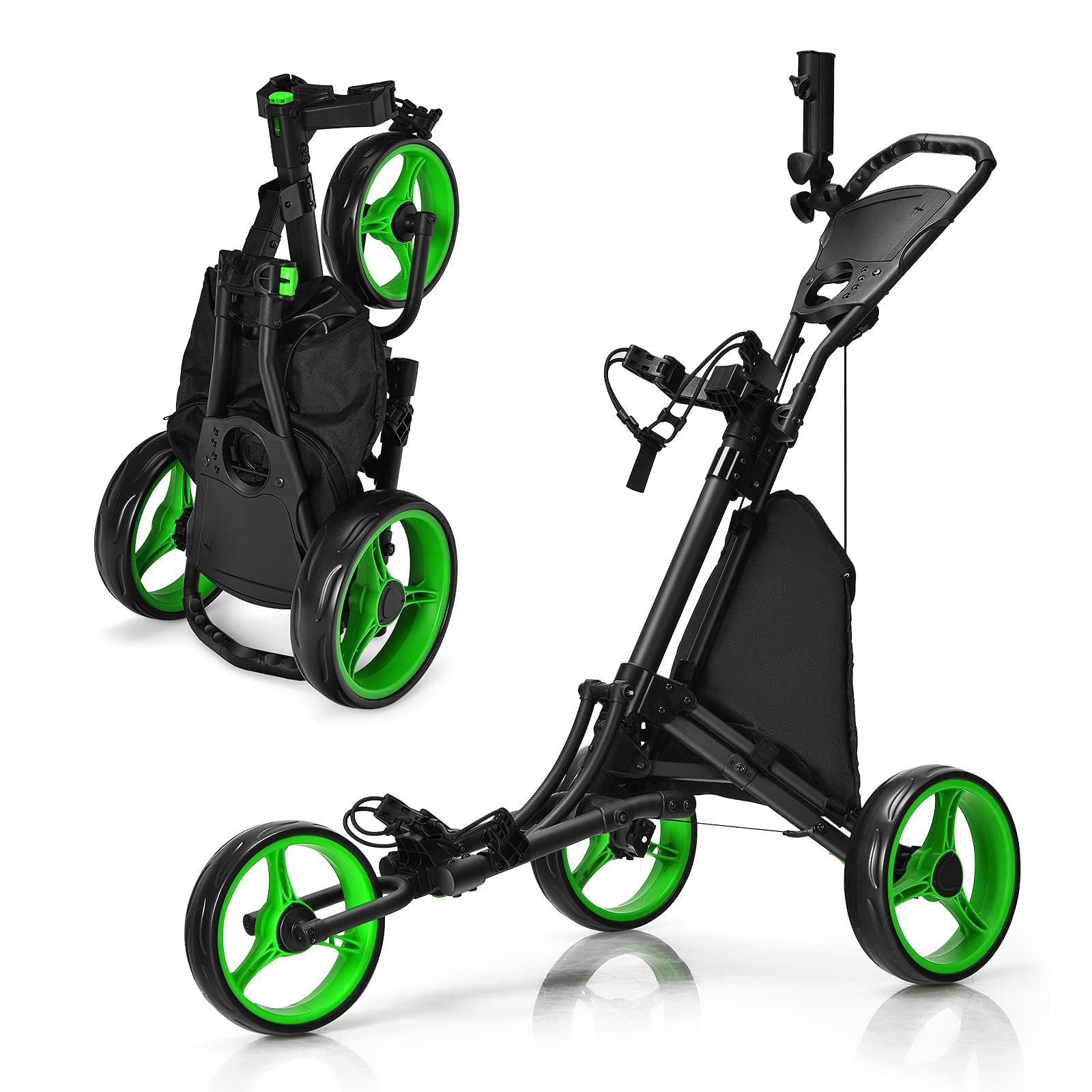 GOPLUS Golf Trolley, Golftrolley 3 Rad mit Verstellbarer Griff, Fußbremse, Golfwagen klappbar mit Schirm- und Getränkehalter & wasserdichter Tasche, Golfcaddy Golf Push Cart