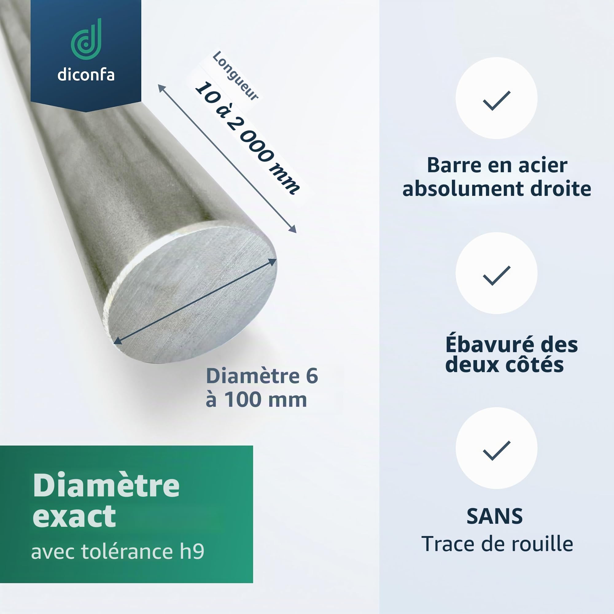 DICONFA Acier rond S355 J2+C Diamètre 25 x 1000 mm Fer rond Tige d'axe