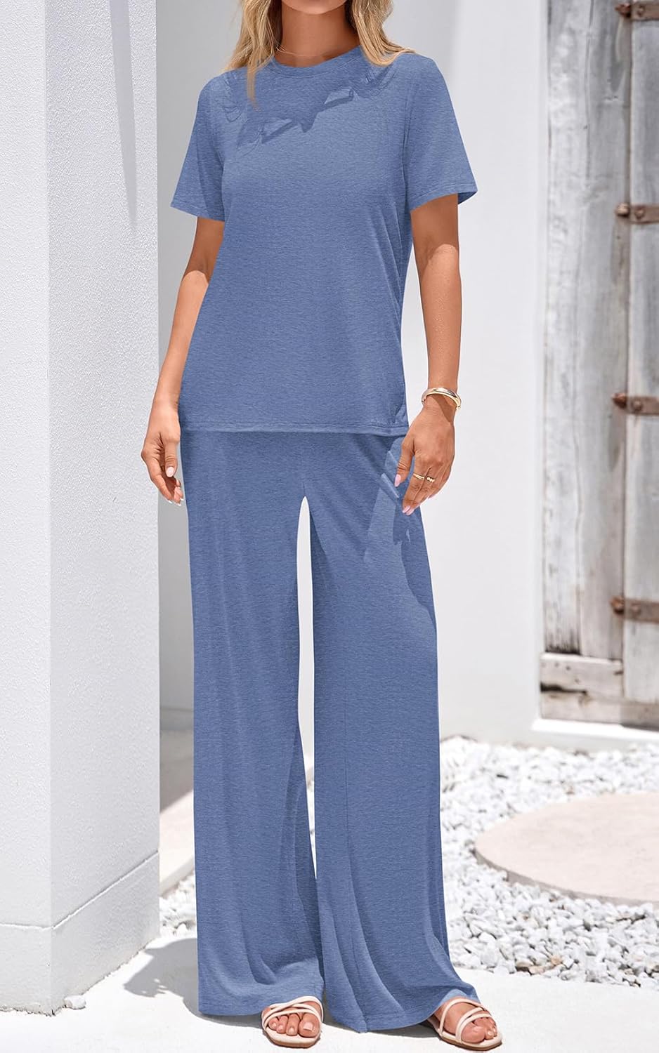 PRETTYGARDEN Spring Lounge Sets for Women 2 Piece Short Sleeve Crewneck Cute Tops and Wide Leg Pants with Pockets Pj Set - Image 4