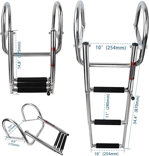 Miniatura 2 de Escalera de barco pontón de 3 escalones, escaleras de pontón para botes pontón, escaleras interiores de entrada trasera de acero inoxidable sobre