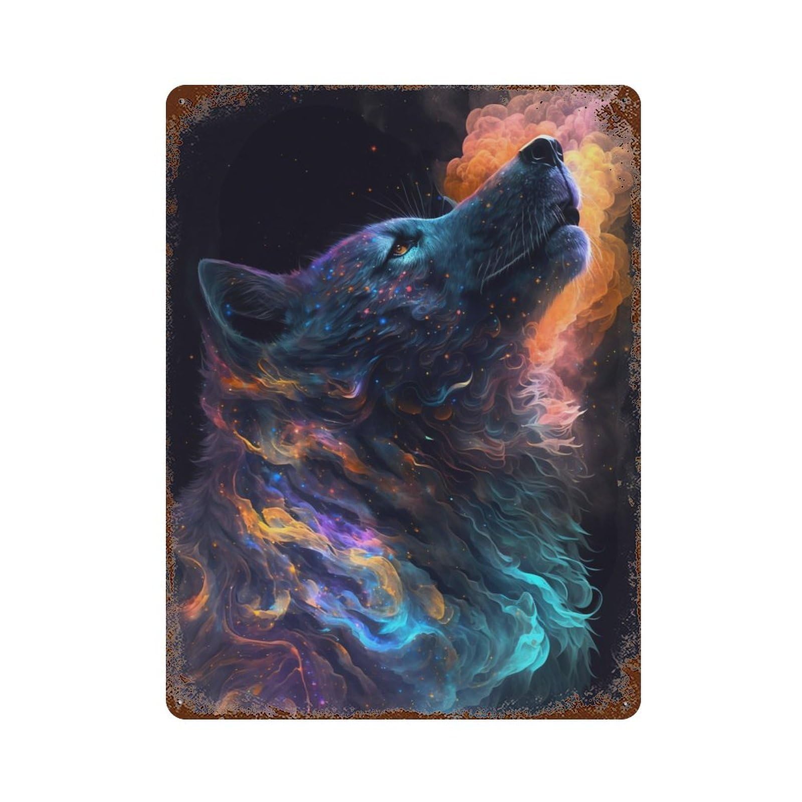 Rust Effect Galaxy Wolf Animal Vintage Rust Metal Sign 15.7"x11.8", Vintage Wall Decor for Garage, Bar And Workshop Decor