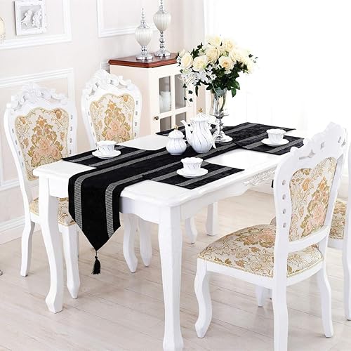 Miniatura 2 de San Tungus Camino de mesa con borlas con tira bilateral de diamantes de imitación para estilo europeo moderno, 13 x 72 pulgadas, color negro