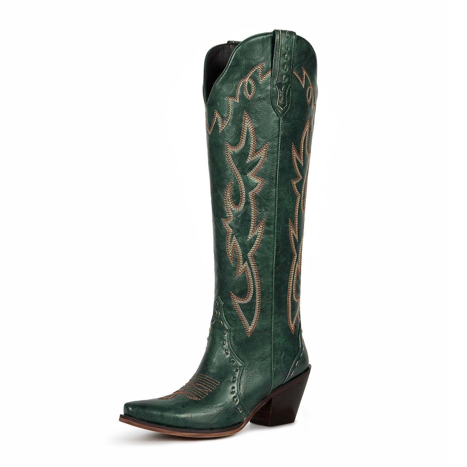 Women's Knee High Cowboy Boots, Flame Embroidered Snip Toe