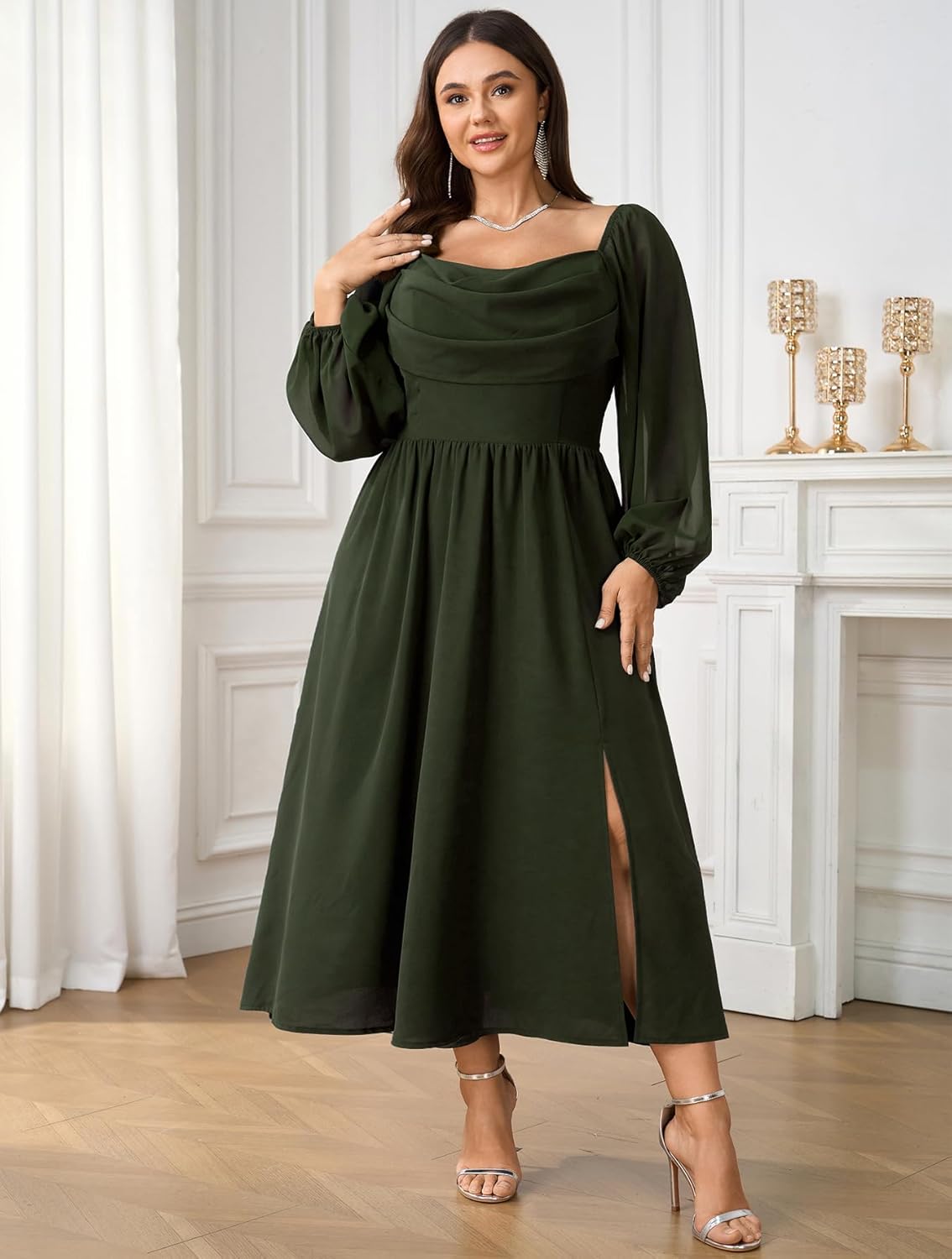 Women's Plus Size Dress Chiffon Long Sleeve Cowl Neck Wedding Guest Cocktail Party Maxi Dress - Image 7