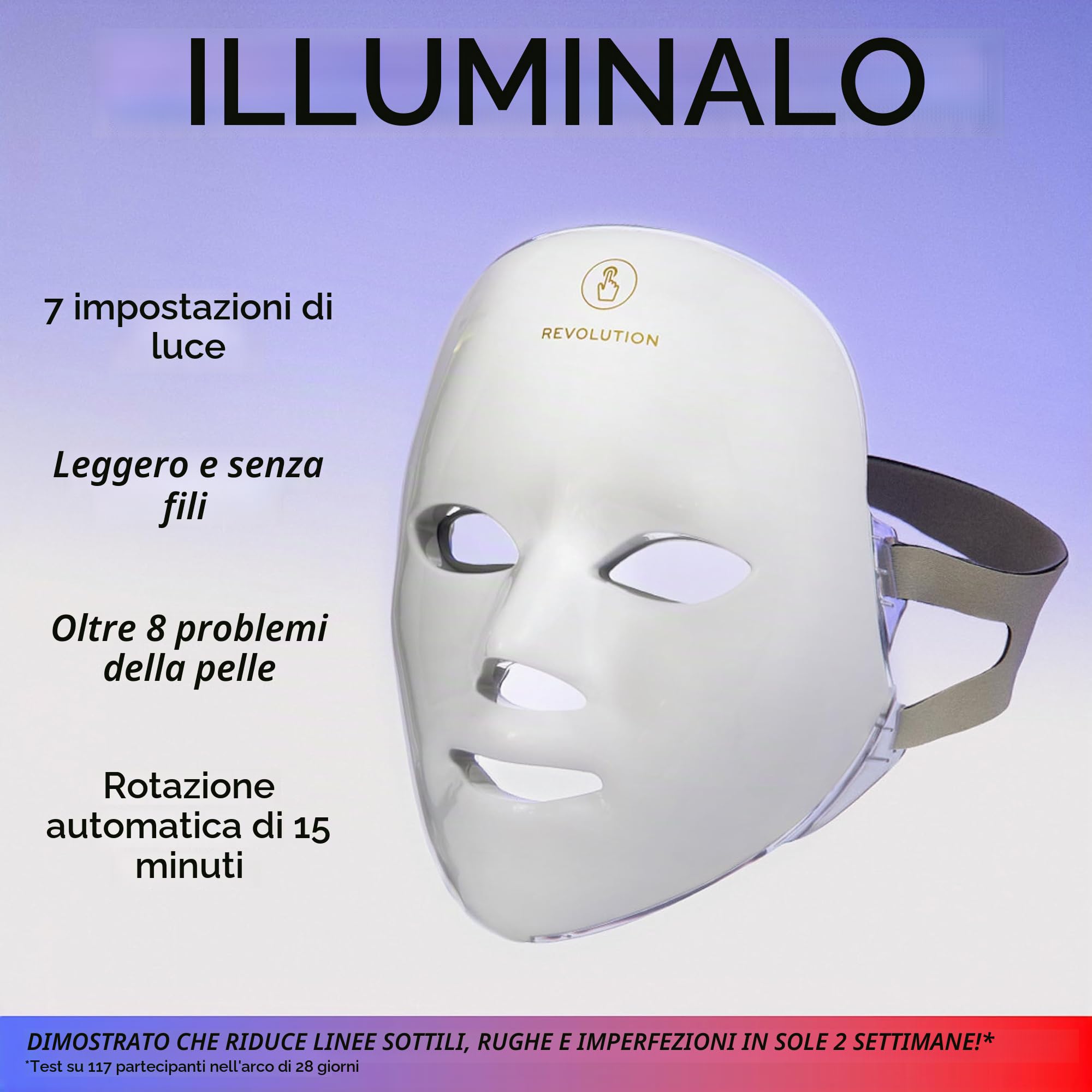 Revolution Pro Miracle LED Face Mask, Maschera viso LED rosso & blu con 90 luci, migliora texture & luminosità della pelle