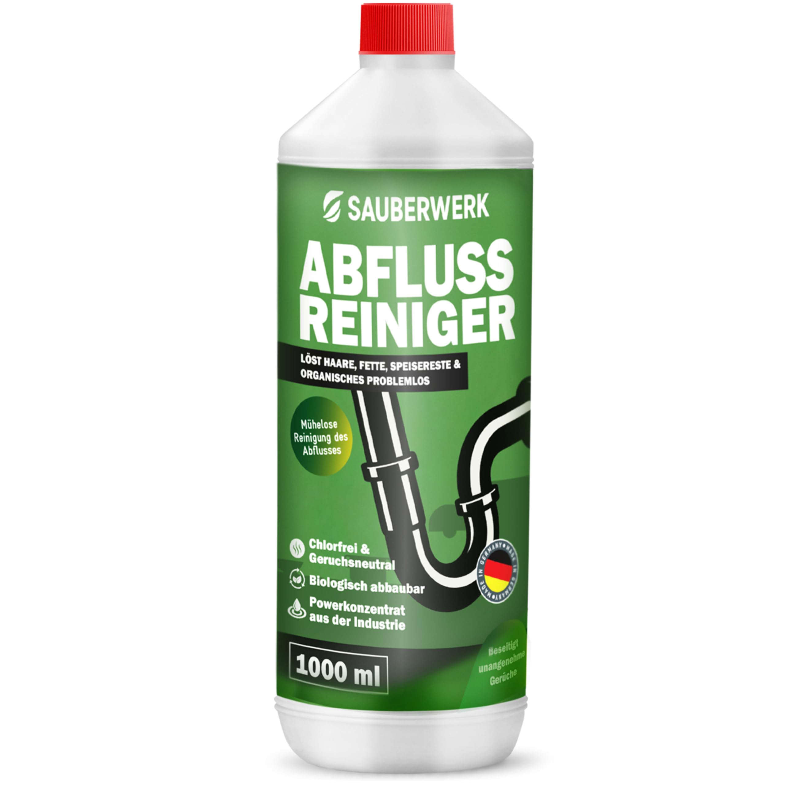 SauberWerk® - Profi Abflussreiniger & Rohrreiniger „Haarfrei“ (1L) - Haarentferner flüssig für Toilette, WC & Küche EXTRA STARK - Rohrfrei & Abflussfrei gegen Abfluss-Verstopfung Haare & Organischem