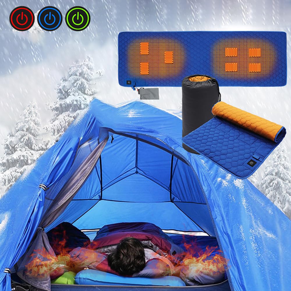 Pongnas USB-Heizmatte, 7-Zonen-Wärme-Isomatte, Einstellbare Temperatur, Campingmatte mit Aufbewahrungstasche für den Innen- und Außenbereich (BLUE)