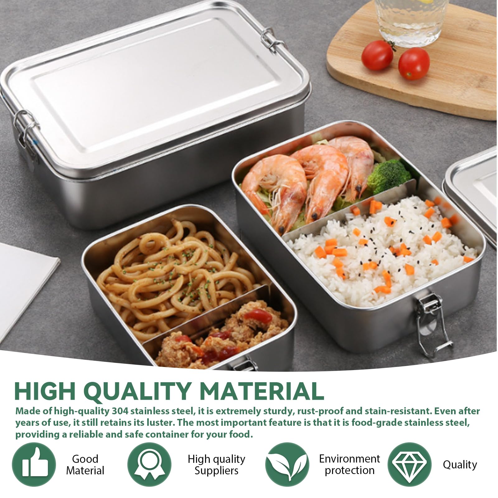 Pudełko śniadaniowe ze stali nierdzewnej 304, 3 sztuki, szczelne pudełko na lunch z przegródkami, 850 ml + 1400 ml + 2400 ml, ze stali nierdzewnej, nie zawiera BPA, metalowe, szczelne, na kemping