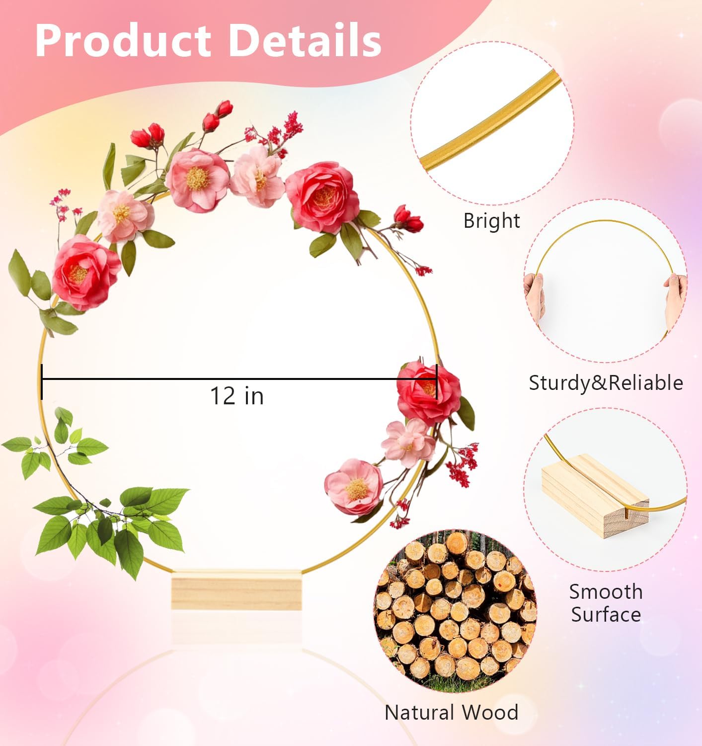 12 Inch 10 Sets Metal Floral Hoop Centerpiece with Wood Stands and LED Fairy Lights, Gold Metal Rings for Christmas Party Dream Catcher Wedding Table Wreath Decor, Wall Hanging Wreaths