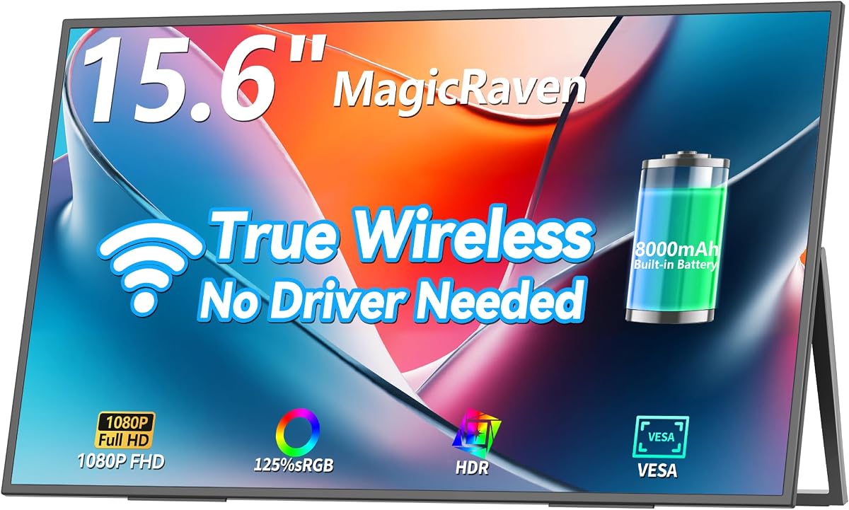 Wireless Portable Monitor for Laptop, 15.6" Portable Monitor with Battery | 1080P FHD Second Screen for Home & Office, AirPlay & Miracast Casting, No Cables or Drivers Needed