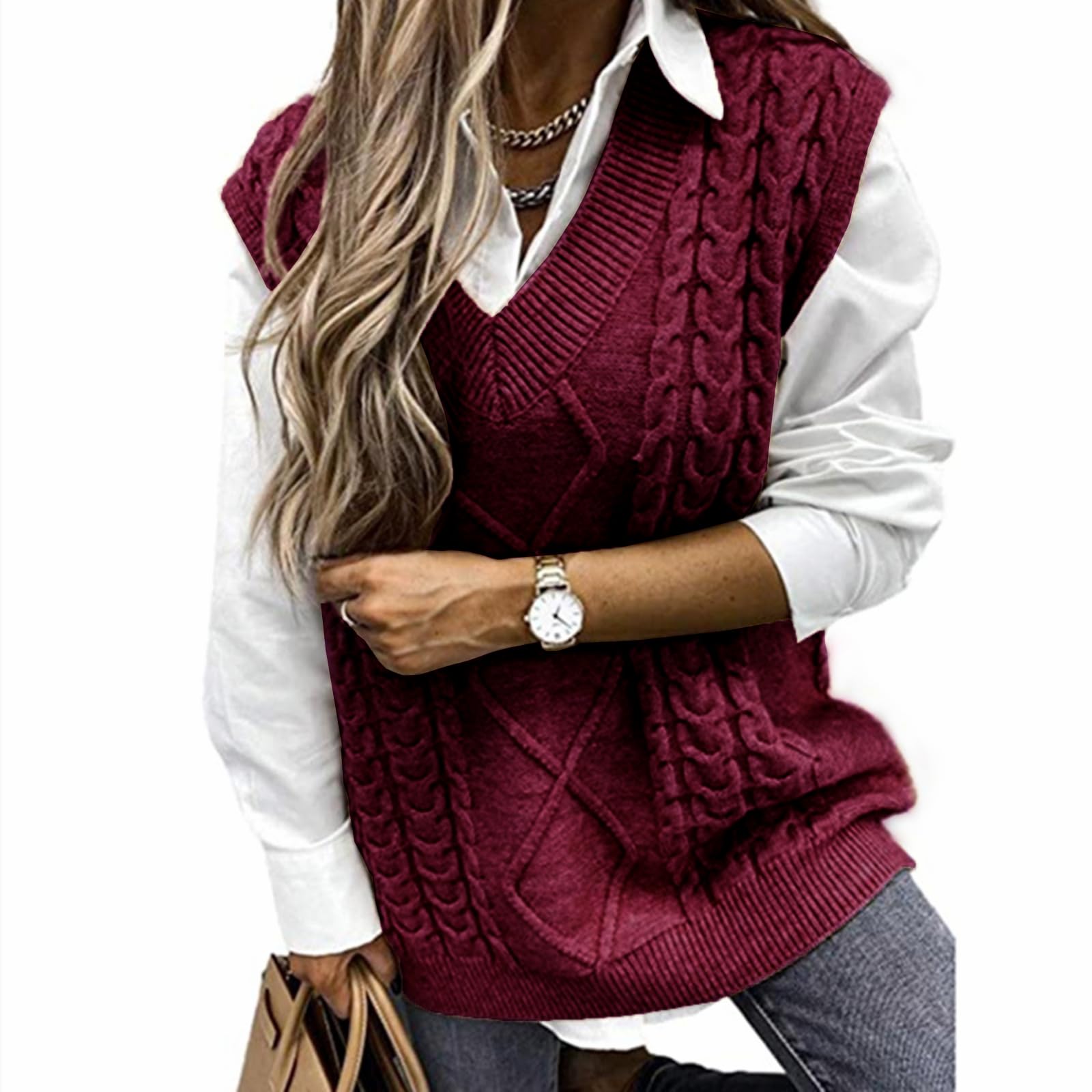 Hyipels Womens Sweater Vest Long Cable Loose Knitted Sleeveless V Neck Casual Sweaters Tank Top S XL