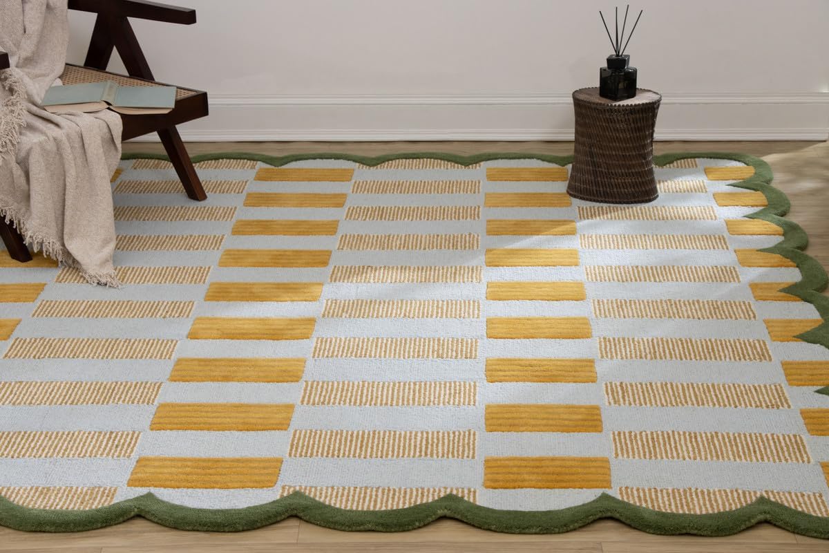 Checkered Hand-Tufted 100% Wool Area Rug - 6x8 Ft, Rectangular Light Blue Base with Mustard and Beige Blocks, Olive Green Scalloped Edge, Cotton Backing Plush Carpet for Bedroom & Nursery