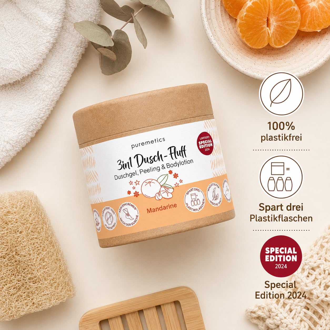 Puremetics 3in1 Dusch-Fluff, Mandarine mit Zuckerpeeling, LE, 250g
