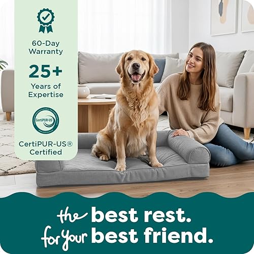 Miniatura 9 de Furhaven - Cama para perro de espuma de gel refrescante, de piel sintética y gamuza en dos tonos, estilo diván en forma de L, color gris piedra,