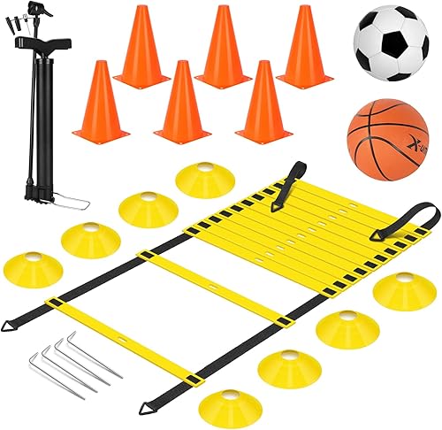 Juego de equipos de entrenamiento de velocidad de agilidad, escalera de agilidad de 20 pies, 14 conos de fútbol, pelota de fútbol tamaño 4,