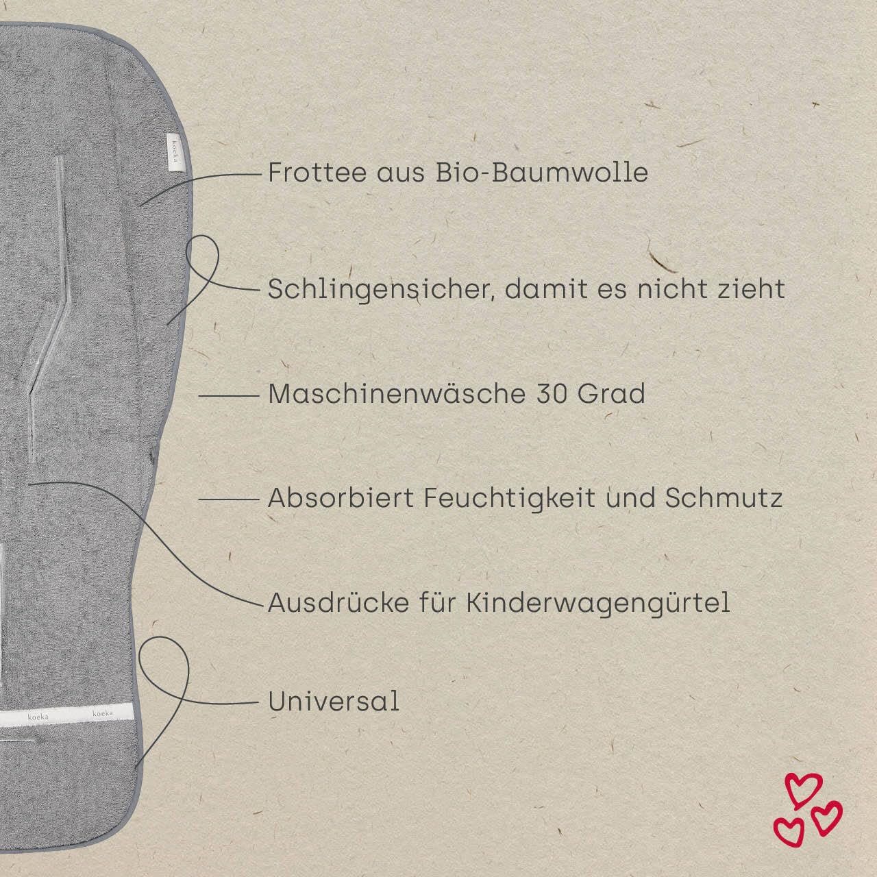 Koeka Sitzauflage Buggy - Universal - Buggy Einlage Sommer - Kinderwagen Sitzeinlage - Atmungsaktiv - Dijon - Frottee Aus Bio-baumwolle - Grau - Einheitsgroße