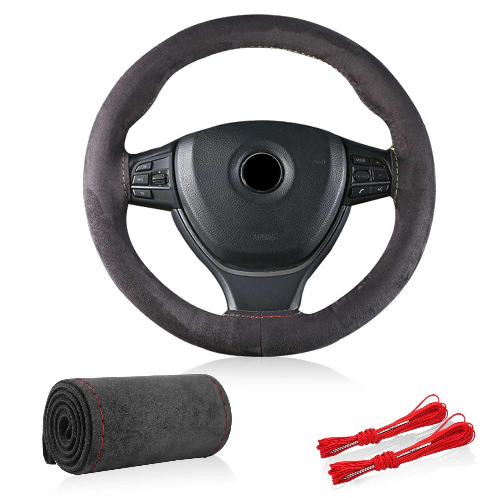 38 cm DIY Steering Wheel Cover Universal Non-Slip Steering Wheel Protector Breathable Hand Sewing Cowhide Leather Car Steering Wheel Cover with Needles Thread (Black with red thread)