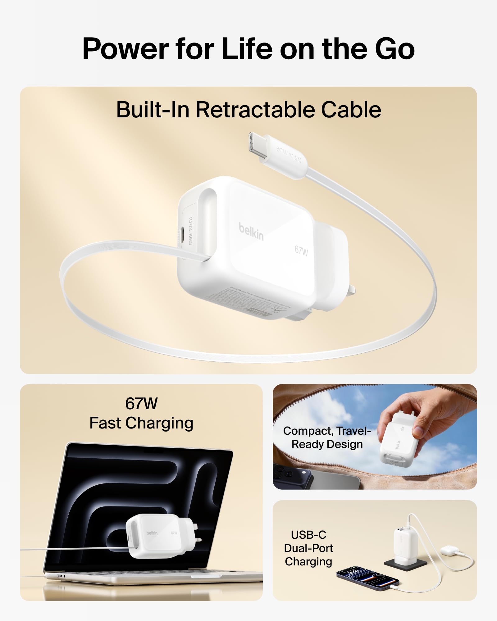 Belkin USB-C Charger Plug 67W with 3.3ft Retractable USB C Cable & USB C Port - GaN image 2