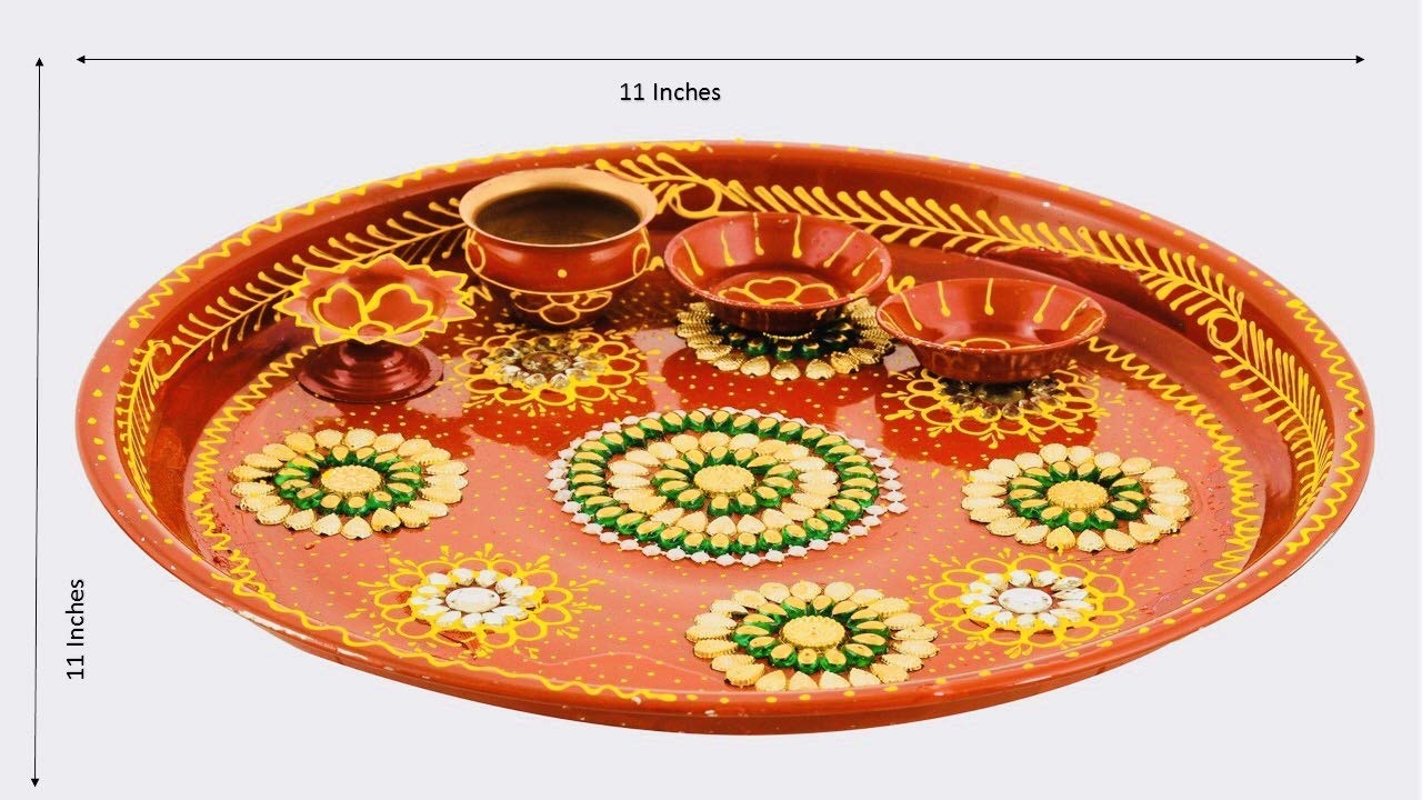CLUZE Decorative Red & Golden Steel Karwachauth Thali Set - Karwachauth Puja Stainless Steel Thali Set - Channi, Lota, Diya, Bowls, Kalash & Kumkum Box for Festivals, Vrat & Rituals - Image 2 thumbnail
