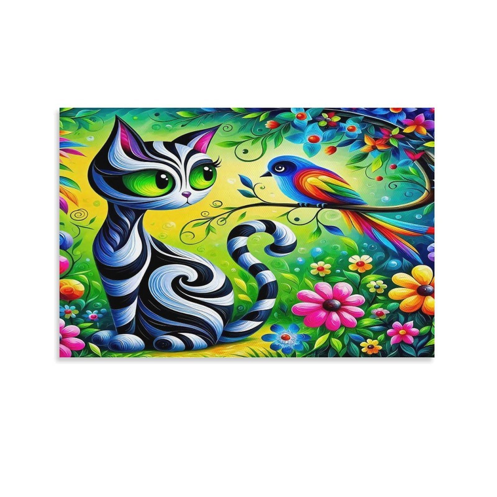 CPLVKWRQJ Snowy Kitten Licking Snowflakes 1 Piece Swirl Striped Cat Colorful Bird Flower Bush Canvas Print - Office Wall Art Fade Resistant Wall Focal Art Statement Piece 08x12inch(20x30cm)
