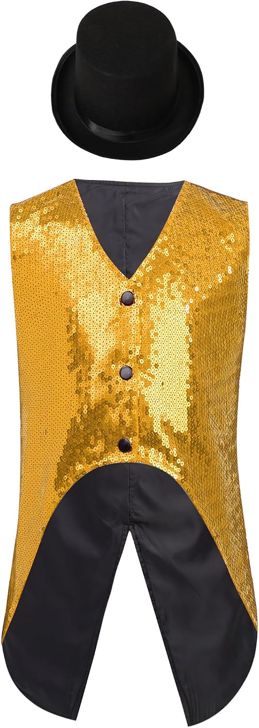 Kids Boys Sleeveless Sparkly Sequin Vest Jazz Dance Performance Top Shiny Swallowtail Waistcoat with Hat