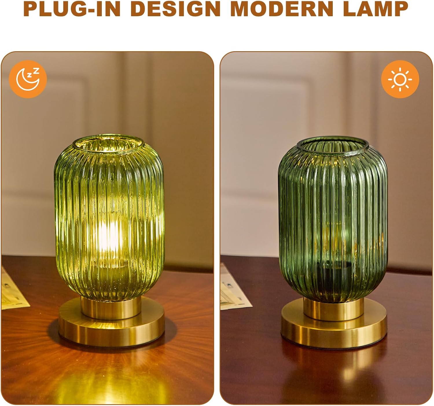 Bedside Table Lamp with Green Glass Shade, Small Nightlight Lamp Elegant Glass Nightstand Lamps Modern Desk Light with Plug-in Style for Bedroom Living Room Tabletop Dia5.9 x H9.8