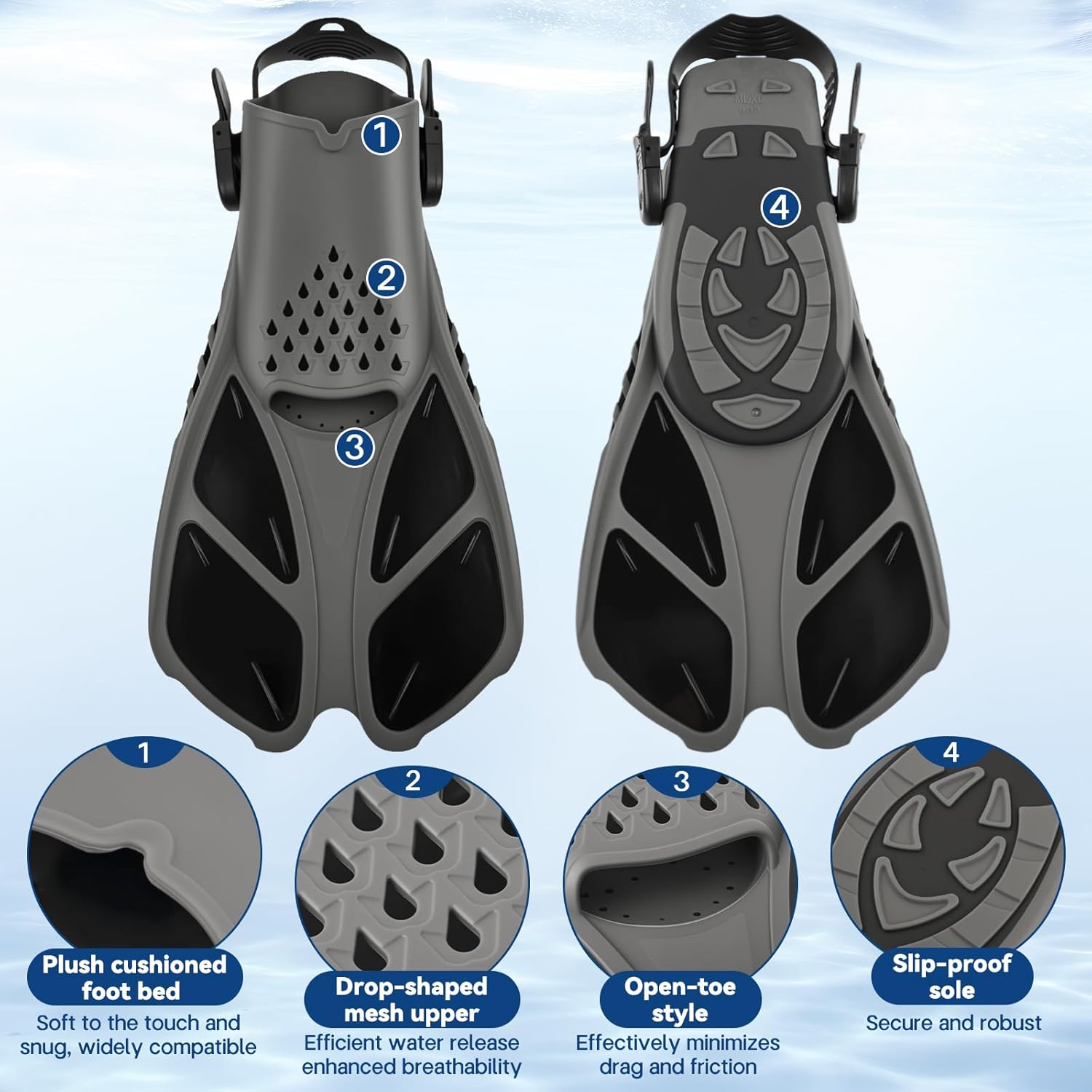 Travel Snorkel Fins, Short Adjustable Swim Flippers for Adults & Kids, Open Heel Design for Snorkeling, Diving & Swimming