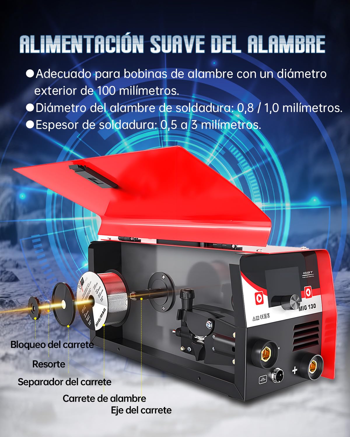 VECTOR WELDING Soldador de Hilo sin Gas 130A, Máquina de Soldar Mig sin Gas con Función de Soldadura por Electrodo, Grupo de soldar Mig Mag Portátil con Alambre, IGBT