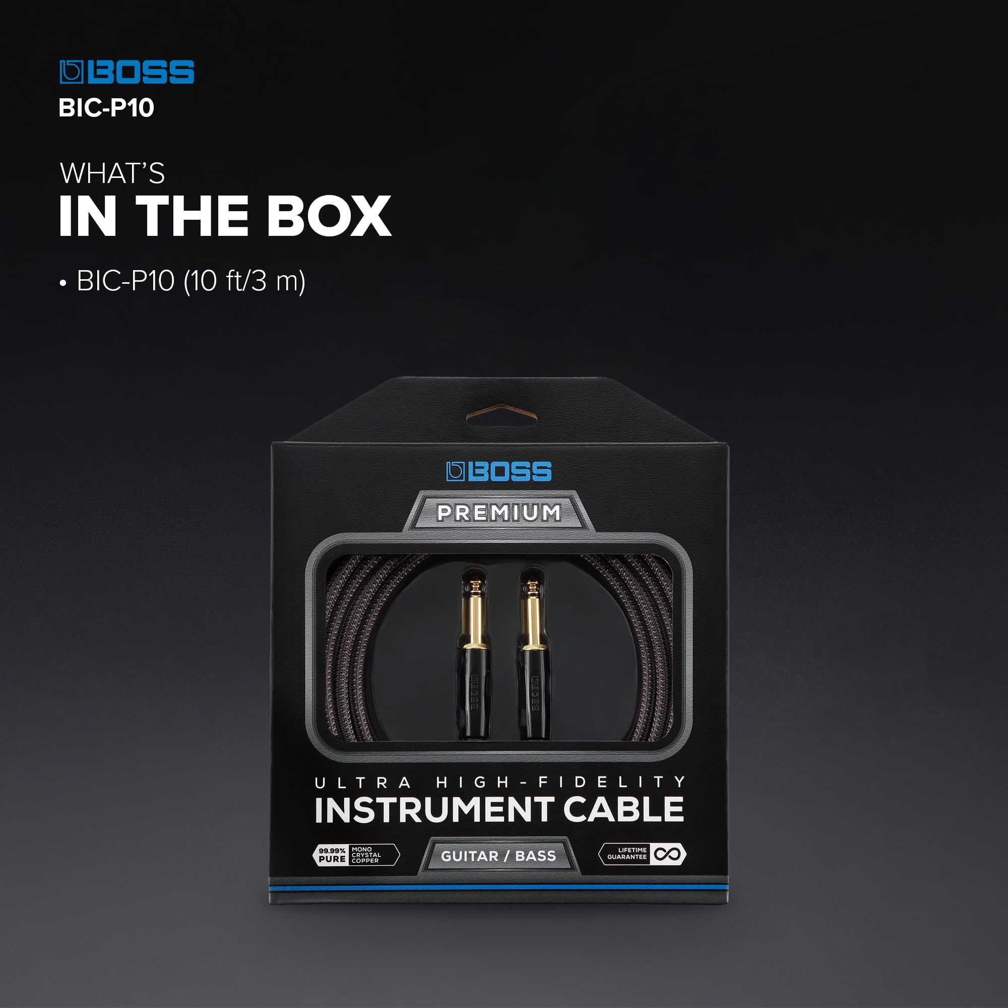 BOSS BIC-P10 kabel do instrumentów o bardzo wysokiej jakości – 10 stóp / 3 m – proste do prostych 1/4" 24-karatowe złote złącza – do gitary i basu zapewniają doskonały dźwięk