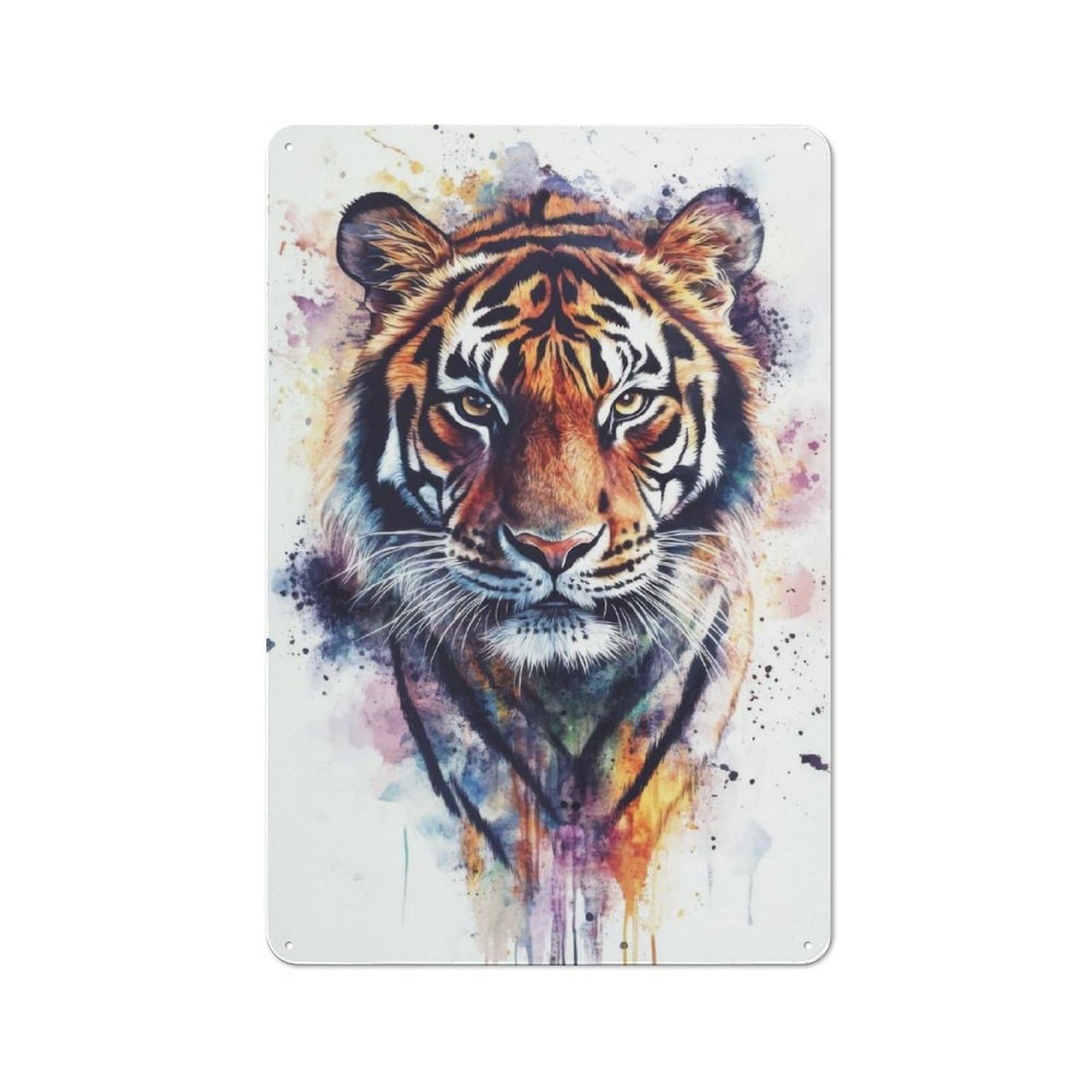 Junmoney Watercolor Tiger Portrait Retro Metal Sign 30X20cm For Lounge Or Reading Corner, For An Autumn Wall Display In Lounge And Reading Corner
