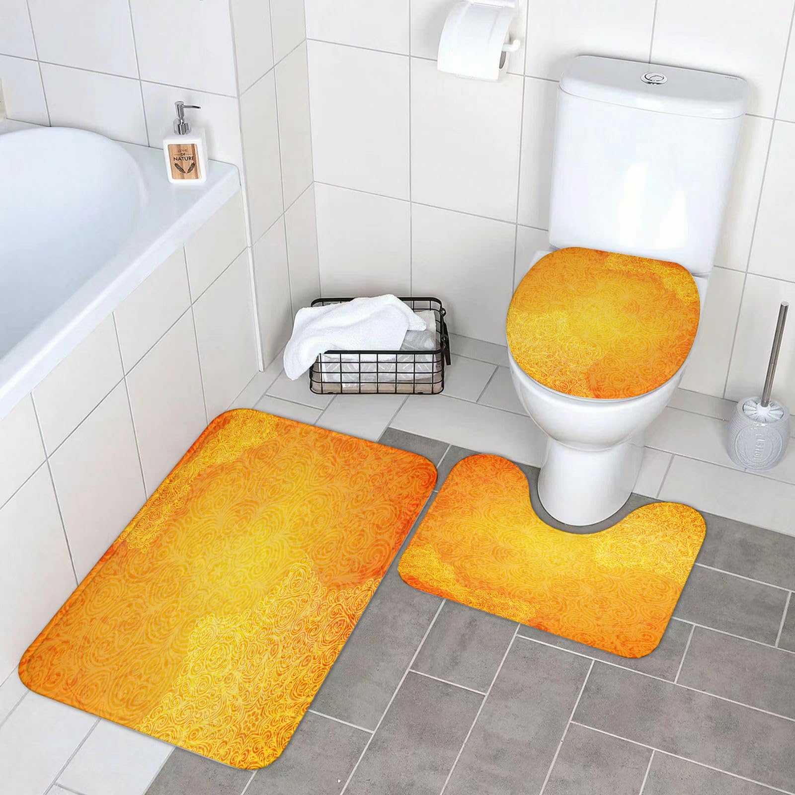 Set di 3 tappetini da Bagno, Lavabili in Lavatrice e Antiscivolo, tappetini in Morbida Fibra Superfine, Mandala Giallo, Motivo Tribale Indiano Arancione Vintage Grunge Riccio ornat