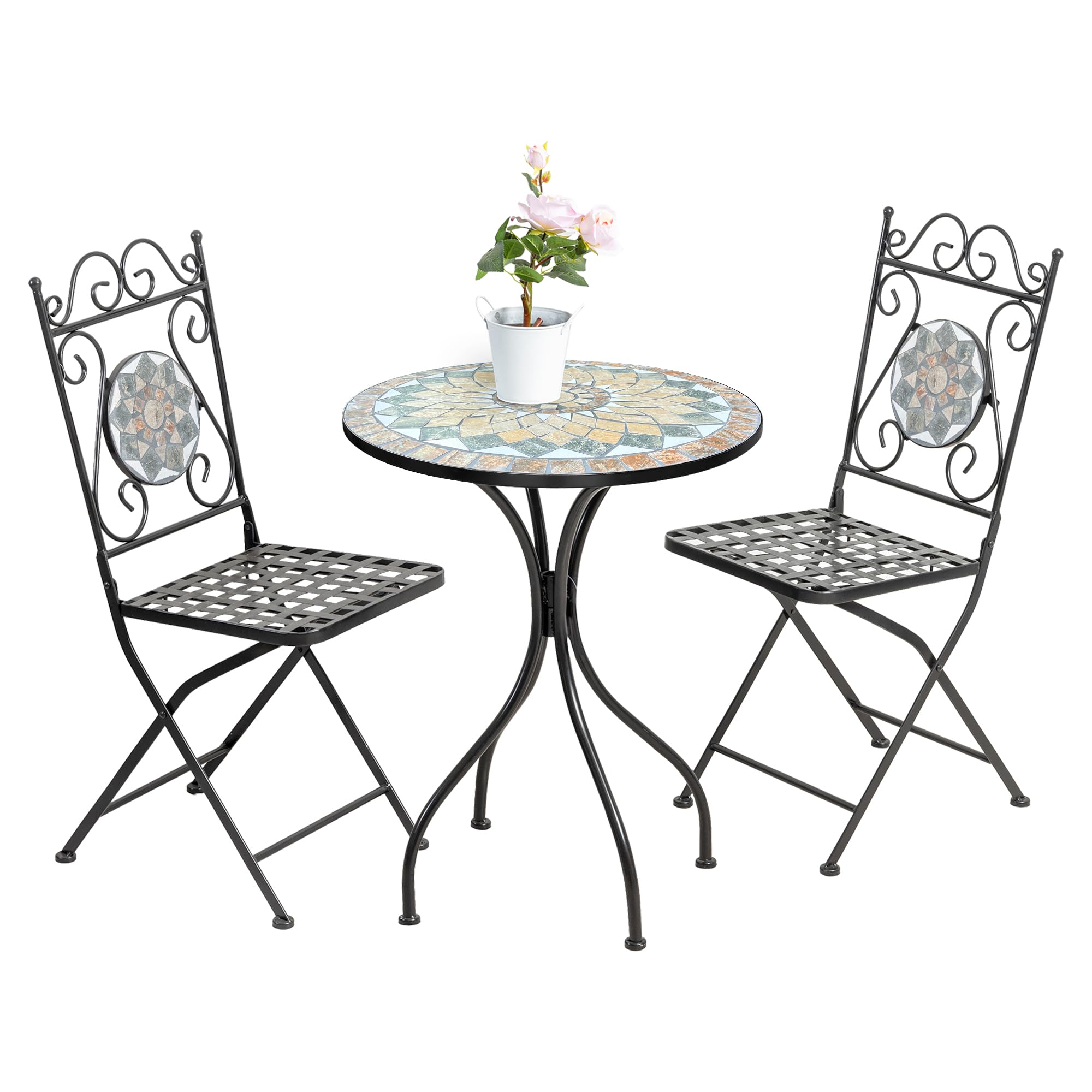 IlGruppone Tavolino + 2 Sedie Set Bistrot Terrazzo Giardino Mosaico Ceramica Interno Esterno Pieghevoli Salvaspazio Patio Casa Arredo Estivo Trattamento Antiruggine WaterProof - Mod-Cefalu